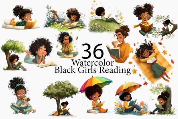 Black Girls Reading Watercolor Clipart: A Creative Asset for Modern Design