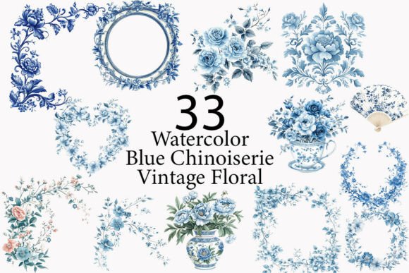 Blue Chinoiserie Vintage Floral Clipart: A Designer's Asset