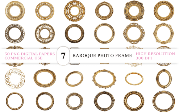 Elegant Round Gold Border Photo Frame: 50 Premium PNGs for Creative Projects