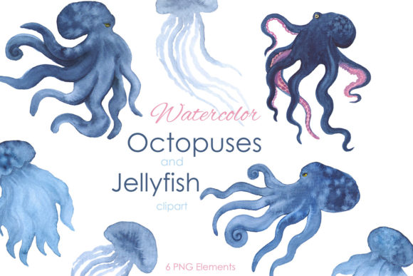 Enchanting Watercolor Octopus & Jellyfish Clipart for Designers
