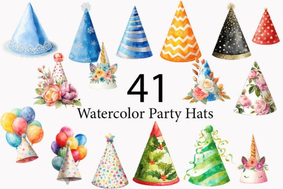 Party Hats Watercolor Clipart: Vibrant Design Assets