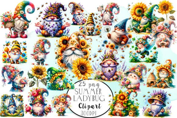 Summer Flower Gnomes with Bees Clipart: A Watercolor Design Asset