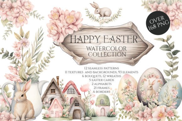 Watercolor Happy Easter Collection: Spring Floral Design Assets
