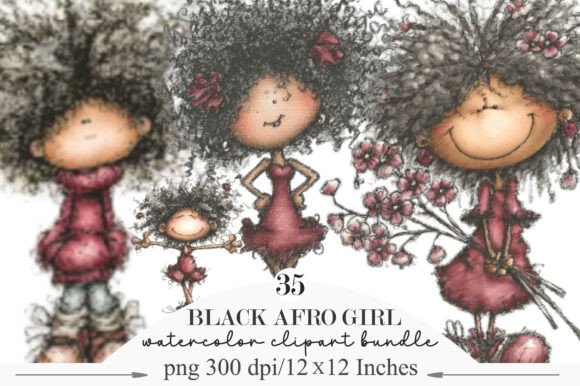 Whimsical Black Afro Girl Clipart: A Modern Design Asset