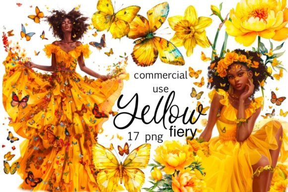 Yellow Fiery Black Girl Clipart: Vibrant Design Assets
